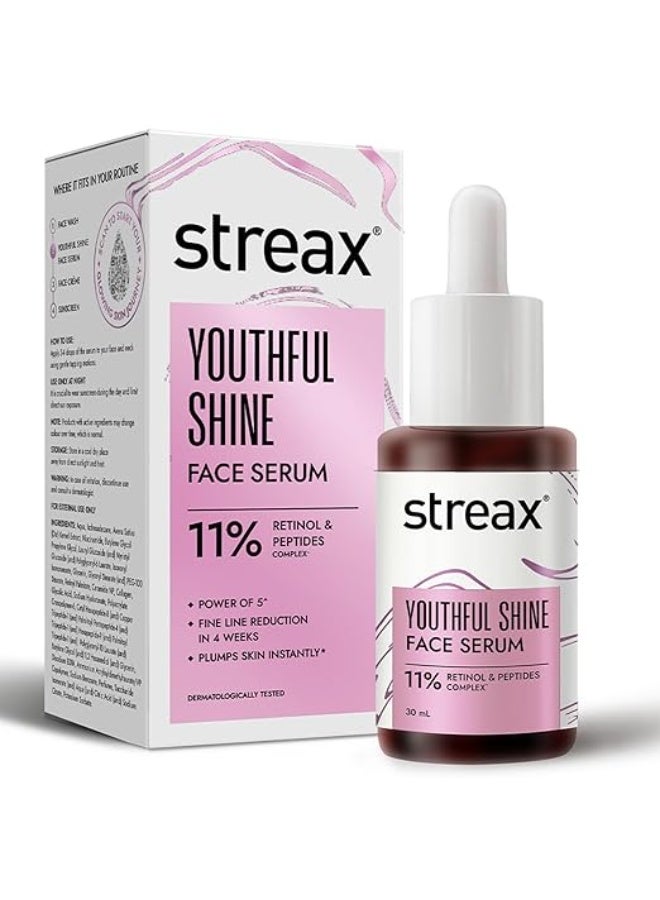 Streax Youthful Shine Face Serum, 30ml |11% Retinol & Peptide Complex | Reduces Fine Lines & Wrinkles || For Women & Men - Image 1